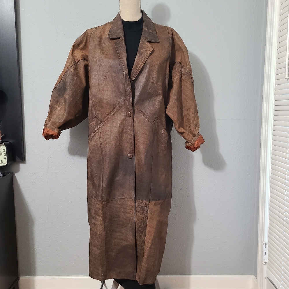 Winlit Vintage 100% Leather 1980s Duster Trench Coat/Overcoat Size‎ Large